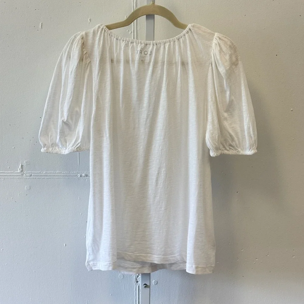 LOFT Cotton Slub Puff Sleeve Split Neck Blouse Top Medium 36801213 White Relaxed